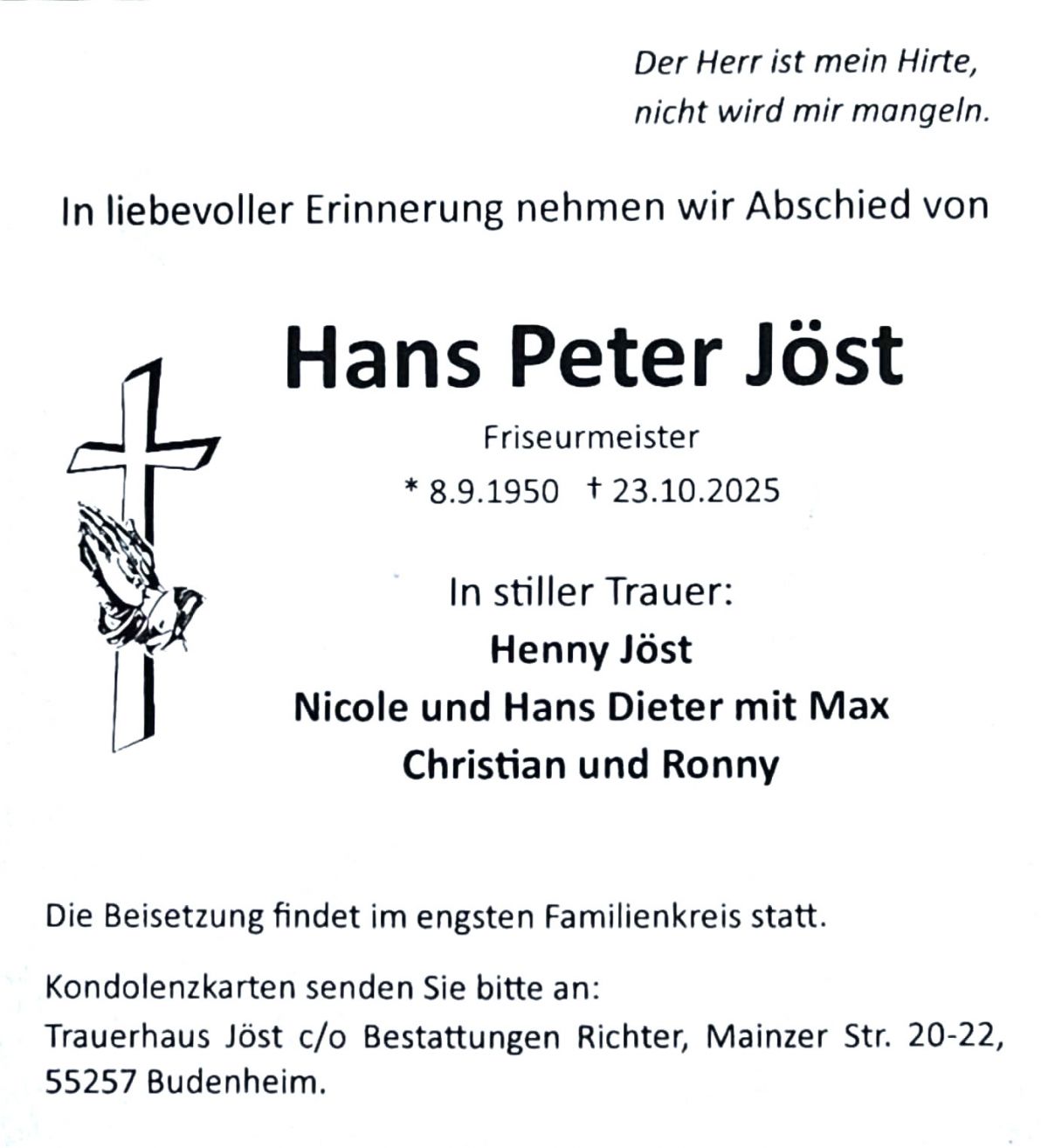 Traueranzeige Hans Peter Jöst